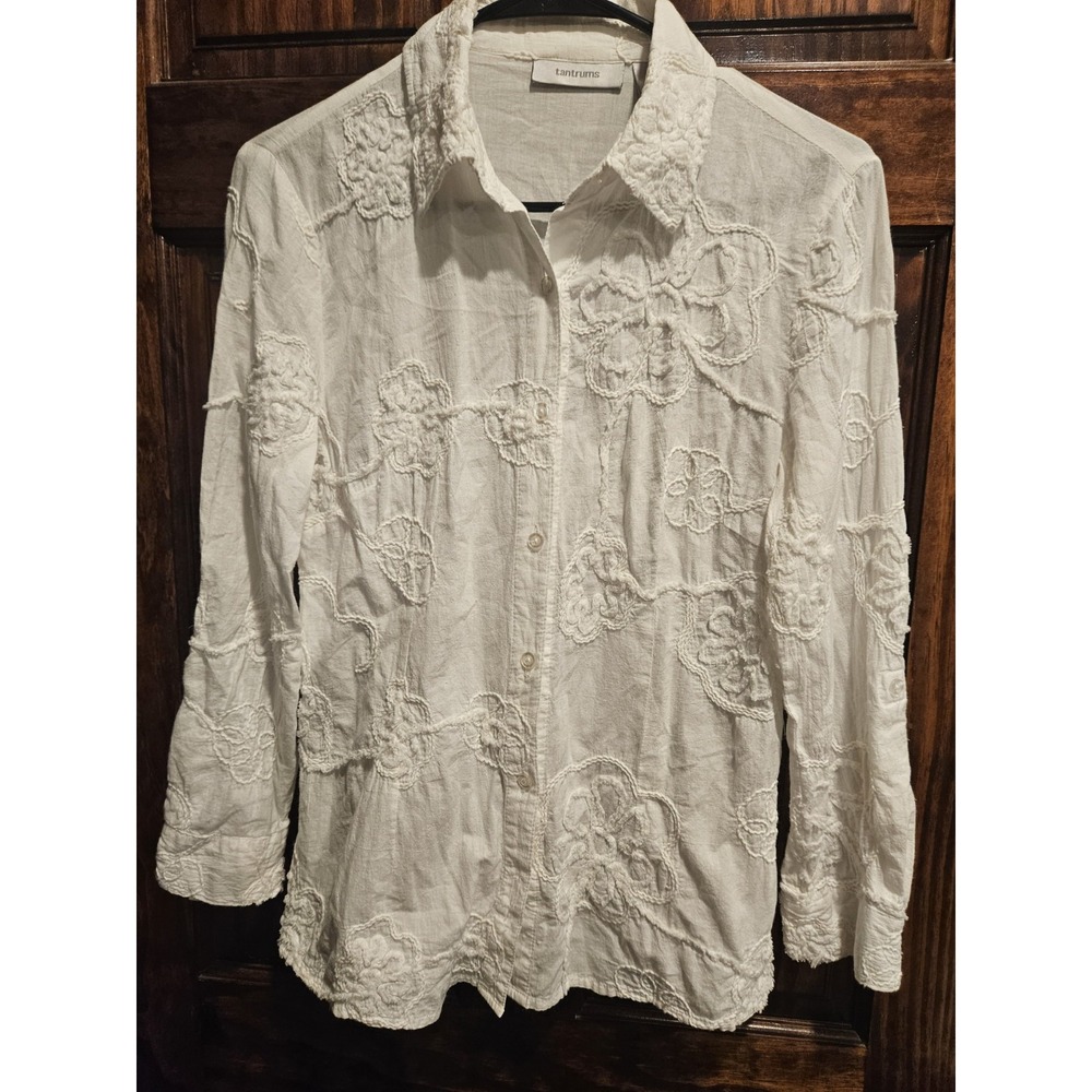 Tantrums Vintage 100% Cotton White Knit Stitch Cottagecore Blouse Small